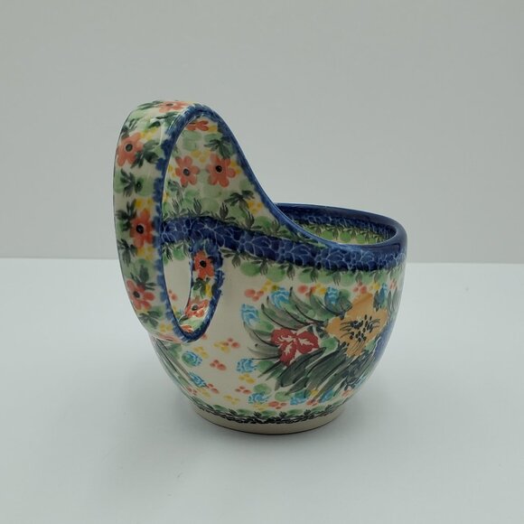 Polish Pottery Floral Loop Handle Bowl Multicolor Handled Soup Chili Bowl - Picture 5 of 8